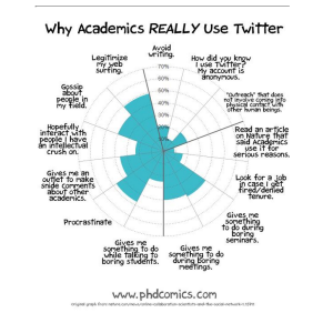 a circular graph describing amusing or facetious reasons academics might use Twitter. 